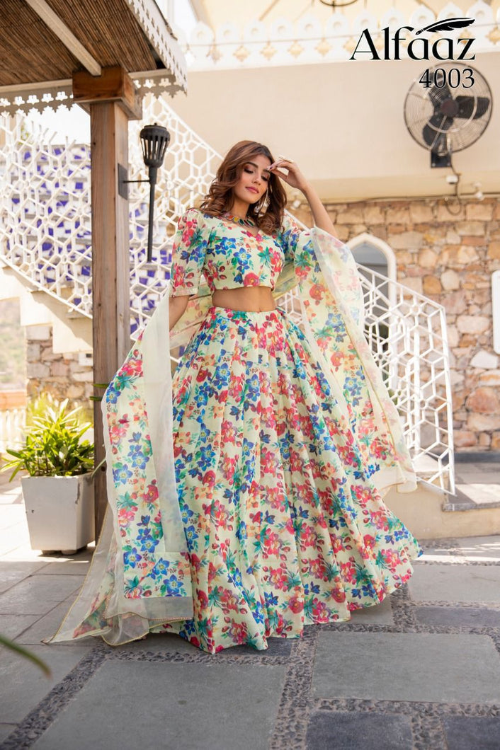 Buy Alfaaz Traditional Lehenga Choli | 4003 Cream Floral Print. We have elegant collection of Indian Bridal dresses online UK and Party or Wedding wear of Indian designers like Maisha Viviana, Alizeh. Buy unstitched or even customized Anarkali Lehnga Indian Wedding Dresses online UK from Lebaasonline.co.uk