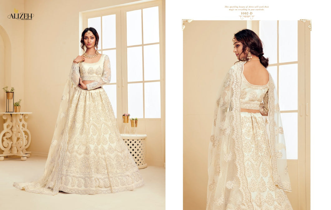 Buy Bridal Wedding Lehenga | Alizeh Lehenga The White Bride | 1002 D Off-White color Lehenga The wedding collection dresses of Alizeh Embroidered dresses, Pakistani designer, Lawn Maria b are very much trending these days. Buy unstitched or even customized Pakistani clothing from Lebaasonline.co.uk in USA, Spain, UK