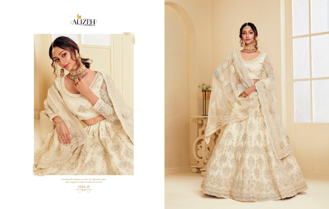 Buy Bridal Wedding Lehenga | Alizeh Lehenga The White Bride | 1004 D Off-white color Lehenga The wedding collection dresses of Alizeh Embroidered dresses, party wear dresses 2020 pakistani are very much trending these days. Buy unstitched or even customized Pakistani clothing from Lebaasonline.co.uk in USA, Spain, UK