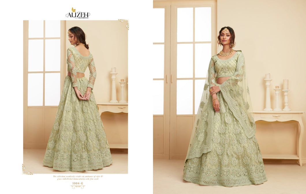 Buy Bridal Wedding Lehenga | Alizeh Lehenga The White Bride | 1004 G Green color Lehenga The wedding collection dresses of Alizeh Embroidered dresses, party wear dresses 2020 pakistani are very much trending these days. Buy unstitched or even customized Pakistani clothing from Lebaasonline.co.uk in USA, Spain, UK