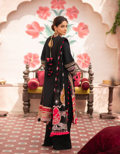 MARYAM HUSSAIN Luxury Lawn '21 Collection -JAHANARA Black dress most popular Pakistani outfits for evening wear and winter season in the UK, USA and France. These 3 pc unstitched, stitched & READY MADE Indian & Pakistani Suits are best for Eid outfits. Shop Salwar Kameez by Maryam Hussain on SALE price at Lebaasonline!
