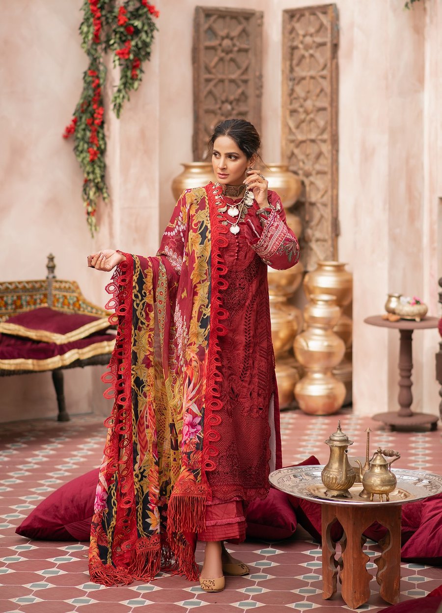 MARYAM HUSSAIN Luxury Lawn '21 Collection - GULAB Maroon dress most popular Pakistani outfits for evening wear and winter season in the UK, USA and France. These 3 pc unstitched, stitched & READY MADE Indian & Pakistani Suits are best for Eid outfits. Shop Salwar Kameez by Maryam Hussain on SALE price at Lebaasonline!