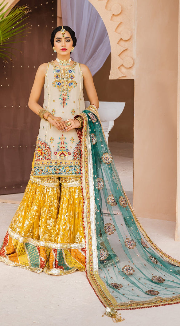 ANAYA x KAMIAR ROKNI 'DHANAK' HOOR White and Yellow Sharara suit is available @lebaasonline. The PAKISTANI WEDDING DRESSES ONLINE USA is available in various Pakistani brands such as MARIA B, ANAYA, MARYUM. The PAKISTANI BRIDAL DRESSES UK is stitched/customized as per demand Get PAKISTANI DRESSES in UK, France, Germany