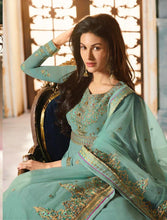Load image into Gallery viewer, Buy Glossy Simar Amyra Abha Gown Style Suit | 9055 Blue Gown with Georgette Embroidered INDIAN SUIT UK collection. We have elegant collection of INDIAN PARTY GOWN UK such as Swagat Aashirwad Mohini at our online store. Buy from our ravishing collection of Ready made PARTY WEAR INDIAN SUIT UK from Lebaasonline.co.uk