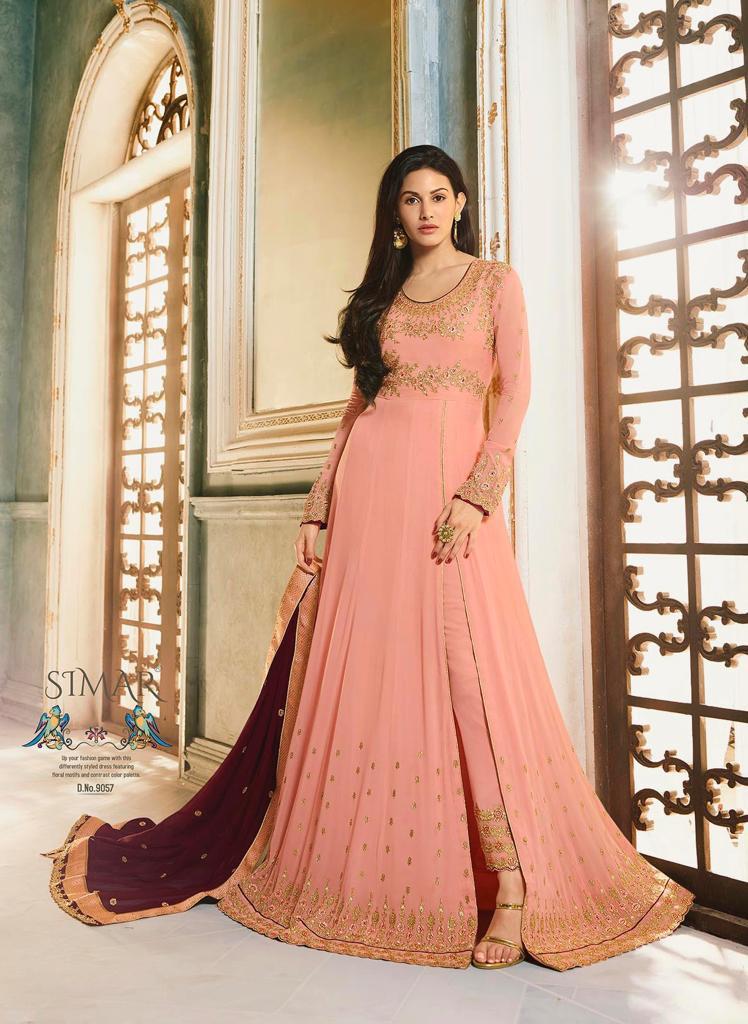 Buy Glossy Simar Amyra Abha Gown Style Suit | 9057 Peach Gown with Georgette Embroidered INDIAN SUIT UK collection. We have elegant collection of INDIAN PARTY GOWN UK such as Swagat Aashirwad Mohini at our online store. Buy from our ravishing collection of Ready made PARTY WEAR INDIAN SUIT UK from Lebaasonline.co.uk