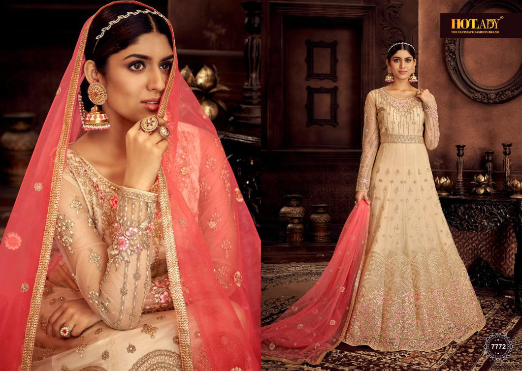 Buy Hotlady Nasheen Traditional Anarkali | 7772 Chikoo color Heavy Embroidered INDIAN ANARKALI Dress. Get yourself customized ASIAN PARTY WEAR DRESSES UK. We have elegant collection of various brands such as Swagat Vipul Mohini Fashion at our online store. Get outfit in USA UK Austria from LEBAASONLINE only.