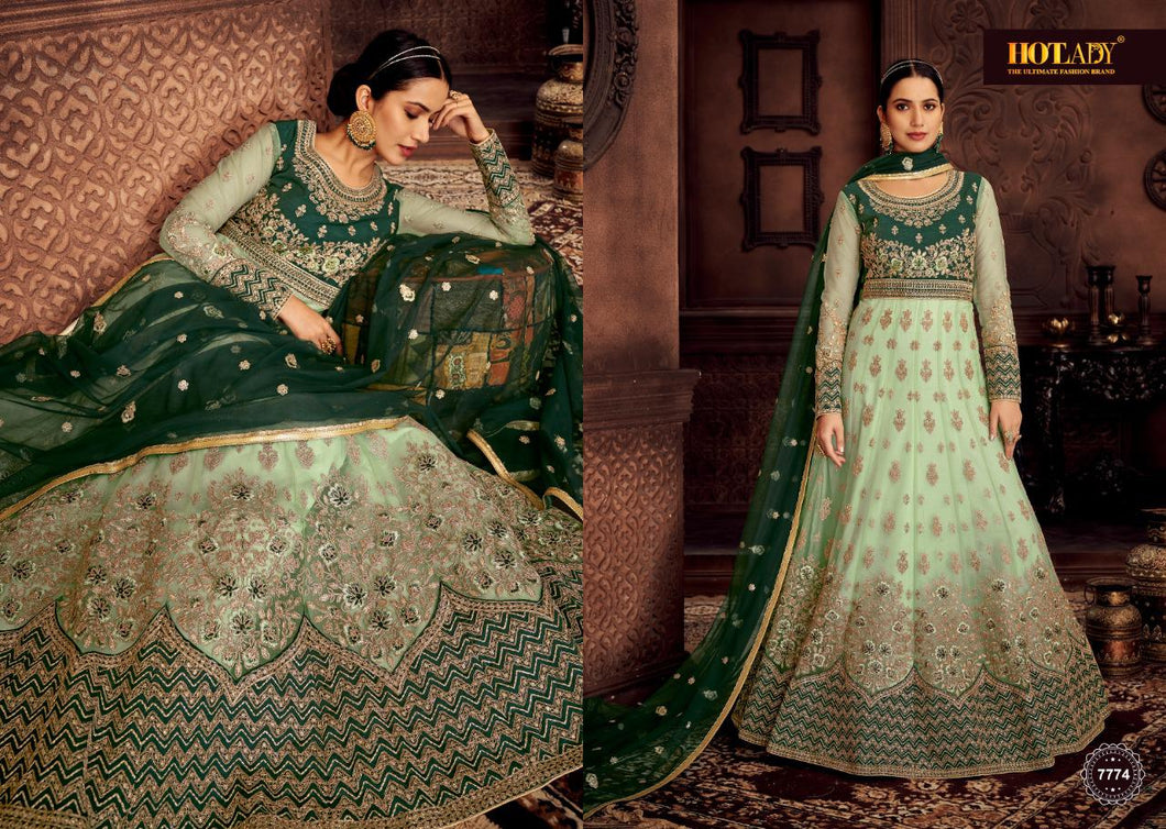 Buy Hotlady Nasheen Traditional Anarkali | 7774 Green color Heavy Embroidered INDIAN ANARKALI Dress. Get yourself customized ASIAN PARTY WEAR DRESSES UK. We have elegant collection of various brands such as Swagat Vipul Mohini Fashion at our online store. Get outfit in USA UK Austria from LEBAASONLINE only.