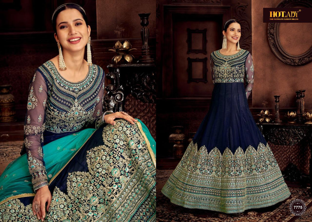Buy Hotlady Nasheen Traditional Anarkali | 7775 Blue color Heavy Embroidered INDIAN ANARKALI Dress. Get yourself customized ASIAN PARTY WEAR DRESSES UK. We have elegant collection of various brands such as Swagat Vipul Mohini Fashion at our online store. Get outfit in USA UK Austria from LEBAASONLINE only.
