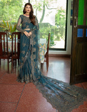 Load image into Gallery viewer, EMAAN ADEEL SAREE | EM-03 Teal Blue Net Pallu Saree is available @lebaasonline. We have various VELVET SAREE of MARIA B, EMAAN ADEEL, MARYUM N MARIA, various PAKISTANI BRIDAL DRESSES ONLINE in UK is available in unstitched and stitched. We do express shipping worldwide including UK, USA, France, Austria 
