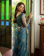Load image into Gallery viewer, EMAAN ADEEL SAREE | EM-03 Teal Blue Net Pallu Saree is available @lebaasonline. We have various VELVET SAREE of MARIA B, EMAAN ADEEL, MARYUM N MARIA, various PAKISTANI BRIDAL DRESSES ONLINE in UK is available in unstitched and stitched. We do express shipping worldwide including UK, USA, France, Austria 