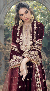 ANAYA VELVET COLLECTION | VELOUR DE FETE '21 | LUCILLE | 05 Maroon VELVET SALWAR SUITS DESIGNS  is available with us. We have various VELVET SALWAR SUITS DESIGNS in Maria B, Sana Safinaz, Anaya. The INDIAN VELVET SALWAR KAMEEZ can be customized and delivered at your doorstep in USA, Germany, Austria from Lebaasonline