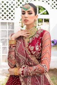 GISELE | A'LA MODE COLLECTION '22  | DAHLIA red color dresses exclusively available @lebaasonline. Gisele Pakistani Designer Dresses in UK Online, Maria B is available with us. Buy Gisele Clothing Pakistan for Pakistani Bridal Outfit look. The dresses can be customized in UK, USA, France at Lebaasonline