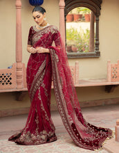 Load image into Gallery viewer, EMAAN ADEEL SAREE | EM-02 Maroon Net Pallu Saree is available @lebaasonline. We have various VELVET SAREE of MARIA B, EMAAN ADEEL, MARYUM N MARIA, various PAKISTANI BRIDAL DRESSES ONLINE in UK is available in unstitched and stitched. We do express shipping worldwide including UK, USA, France, Austria 