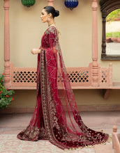 Load image into Gallery viewer, EMAAN ADEEL SAREE | EM-02 Maroon Net Pallu Saree is available @lebaasonline. We have various VELVET SAREE of MARIA B, EMAAN ADEEL, MARYUM N MARIA, various PAKISTANI BRIDAL DRESSES ONLINE in UK is available in unstitched and stitched. We do express shipping worldwide including UK, USA, France, Austria 