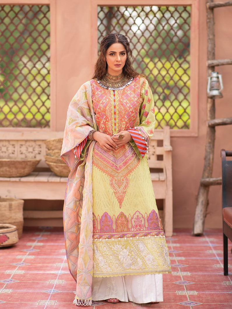 MARYAM HUSSAIN Luxury Lawn '21 Collection -MEENA Yellow dress most popular Pakistani outfits for evening wear and winter season in the UK, USA and France. These 3 pc unstitched, stitched & READY MADE Indian & Pakistani Suits are best for Eid outfits. Shop Salwar Kameez by Maryam Hussain on SALE price at Lebaasonline!