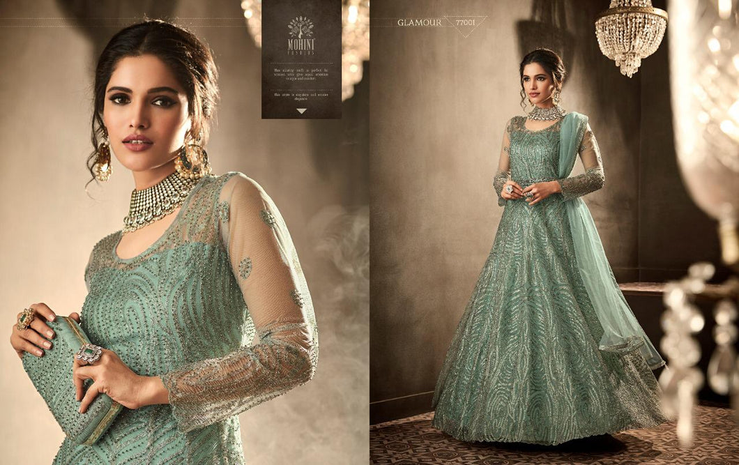 Buy Now Mohini Fashion Indian Suits | Glamour | 77001 Aqua Green color Gown Indian Wedding dress online UK. We have exclusive collections of Ashirwad Indian Designers Dresses UK. Get dressed this wedding season in our Heavy look Indian Designers Party Wear exclusive only at Lebaasonline.co.uk