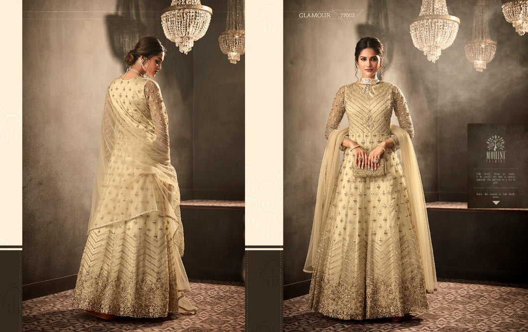 Buy Now Mohini Fashion Indian Suits | Glamour | 77002 Gold color Gown Indian Wedding dress online UK. We have exclusive collections of Vipul, Ashirwad, Zoya Indian Designers Dresses UK. Get dressed this wedding season in our Heavy look Indian Designers Party Wear exclusive only at Lebaasonline.co.uk