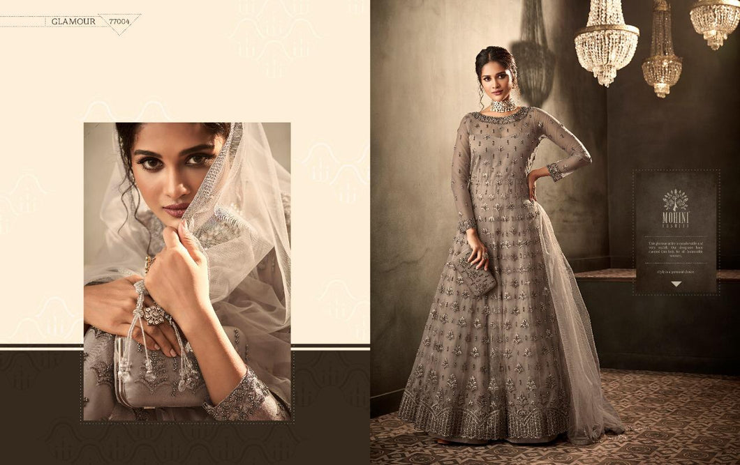 Buy Now Mohini Fashion Indian Suits | Glamour | 77003 Grey color Gown Indian Wedding dress online UK. We have exclusive collections of Vipul, Ashirwad, Zoya Indian Designers Dresses UK. Get dressed this wedding season in our Heavy look Indian Designers Party Wear exclusive only at Lebaasonline.co.uk