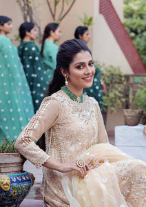 Mushq Dastaan Chikankari 2021 - SAHIBA | 08 Golden Chikankari dress is exclusively available on lebasonline. We have largest varieties of Pakistani Designer Dress in UK of various brand such as Mushq 2021. The dresses are customized as Pakistani bridal dress in USA. Get your dress in UK USA from lebaasonline!