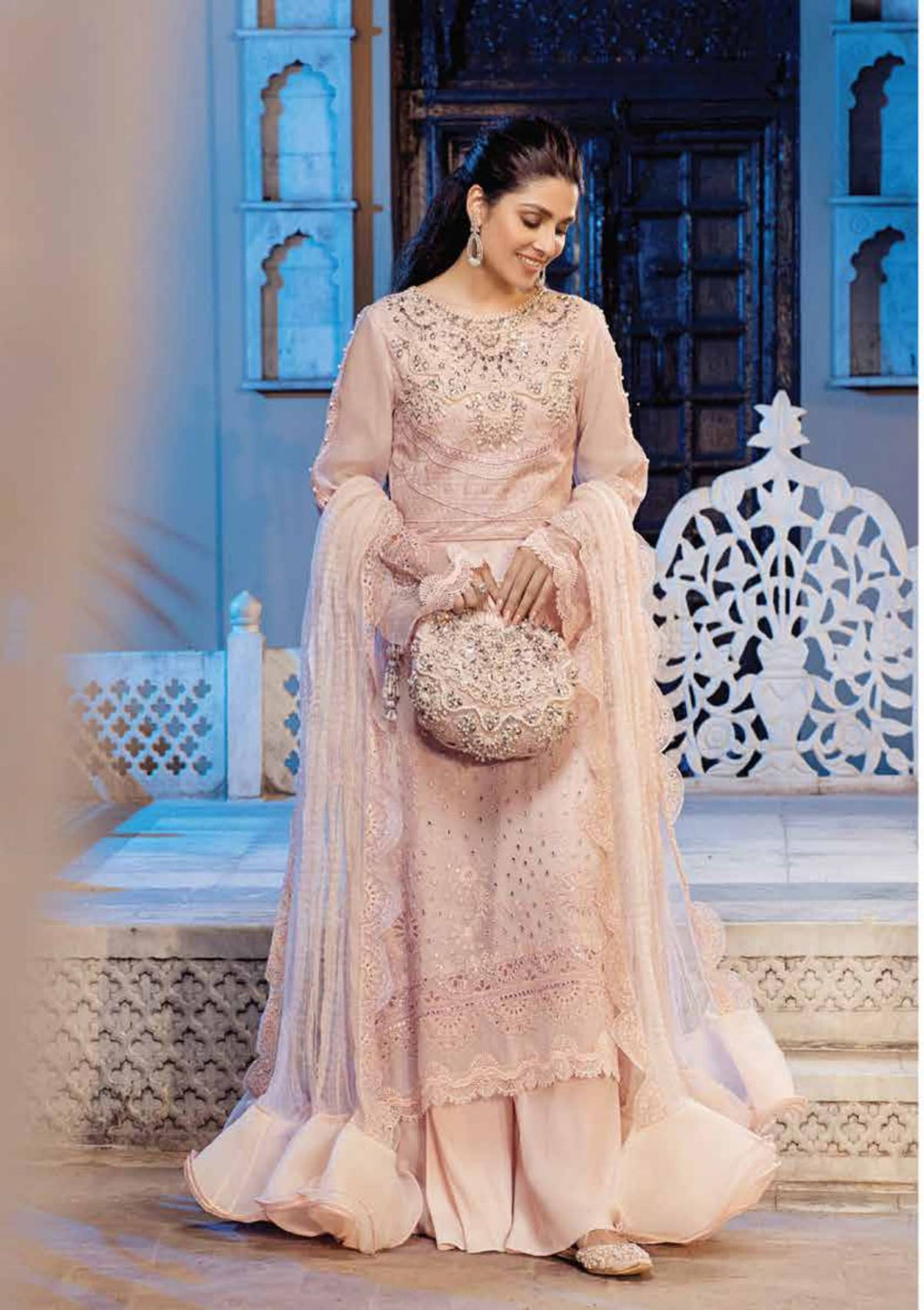 Mushq Dastaan Chikankari 2021 - NISSA | 07 Peach Chikankari dress is exclusively available on lebasonline. We have largest varieties of Pakistani Designer Dress in UK of various brand such as Mushq 2021. The dresses are customized as Pakistani bridal dress in USA. Get your dress in UK USA from lebaasonline!