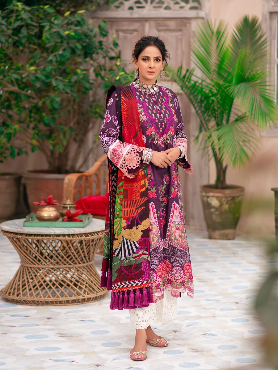 MARYAM HUSSAIN Luxury Lawn '21 Collection -PARAS Purple dress most popular Pakistani outfits for evening wear and winter season in the UK, USA and France. These 3 pc unstitched, stitched & READY MADE Indian & Pakistani Suits are best for Eid outfits. Shop Salwar Kameez by Maryam Hussain on SALE price at Lebaasonline!