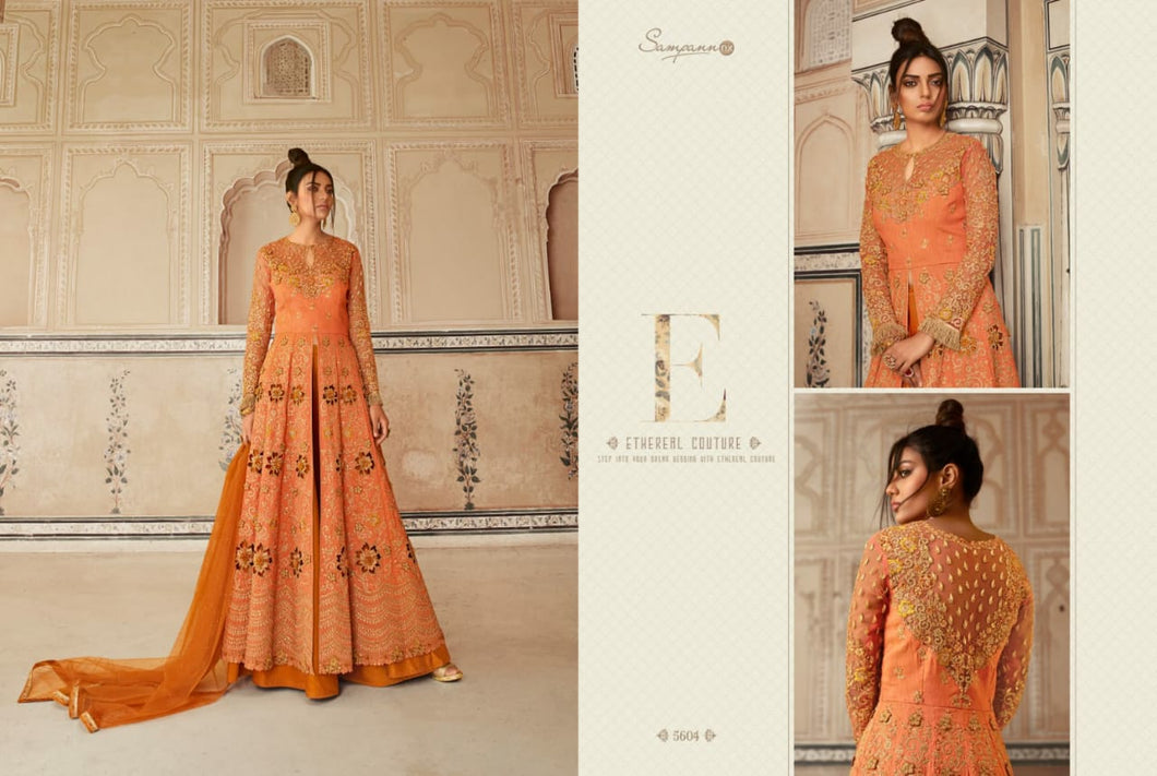 SAMPANN NX | ANARKALI INDIAN WEAR | 5604 Peach Orange Anarkali Heavy and Beautiful Embroidered Party & Wedding Wear Indian Salwar Suits With Beautiful Soft net Dupatta. We have various Indian designers collection like Aashirwad, Vipul, Mohini. Get yourself customized outfit in UK, USA, Spain from Lebaasonline.co.uk