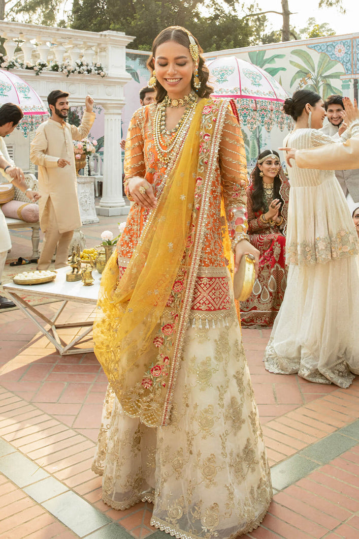 Buy IMROZIA SERENE-MEHRAM BRIDALS 2023 yellow Designer Dresses Is an exclusively available for online UK @lebaasonline. PAKISTANI WEDDING DRESSES ONLINE UK can be customized at Pakistani designer boutique in USA, UK, France, Dubai, Saudi, London. Get Pakistani & Indian velvet BRIDAL DRESSES ONLINE USA at Lebaasonline.