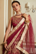 Load image into Gallery viewer, Buy MUSHQ | AMOUR - WEDDING COLLECTION &#39;23 red Designer Dresses Is an exclusively available for online UK @lebaasonline. PAKISTANI WEDDING DRESSES ONLINE UK can be customized at Pakistani designer boutique in USA, UK, France, Dubai, Saudi, London. Get Pakistani &amp; Indian velvet BRIDAL DRESSES ONLINE USA at Lebaasonline.