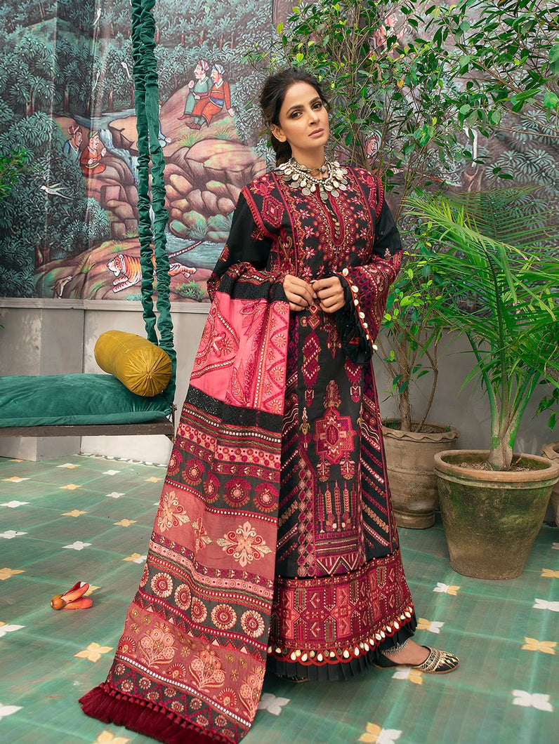 MARYAM HUSSAIN Luxury Lawn '21 Collection - VASAL Black dress most popular Pakistani outfits for evening wear and winter season in the UK, USA and France. These 3 pc unstitched, stitched & READY MADE Indian & Pakistani Suits are best for Eid outfits. Shop Salwar Kameez by Maryam Hussain on SALE price at Lebaasonline!