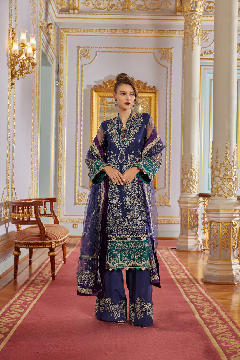 GISELE | SHAGUN WEDDING COLLECTION '22  | TARZ blue color dresses exclusively available @lebaasonline. Gisele Pakistani Designer Dresses in UK Online, Maria B is available with us. Buy Gisele Clothing Pakistan for Pakistani Bridal Outfit look. The dresses can be customized in UK, USA, France at Lebaasonline