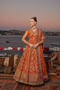 GISELE | SHAGUN WEDDING COLLECTION '22  | ATESH orange dresses exclusively available @lebaasonline. Gisele Pakistani Designer Dresses in UK Online, Maria B is available with us. Buy Gisele Clothing Pakistan for Pakistani Bridal Outfit look. The dresses can be customized in UK, USA, France at Lebaasonline