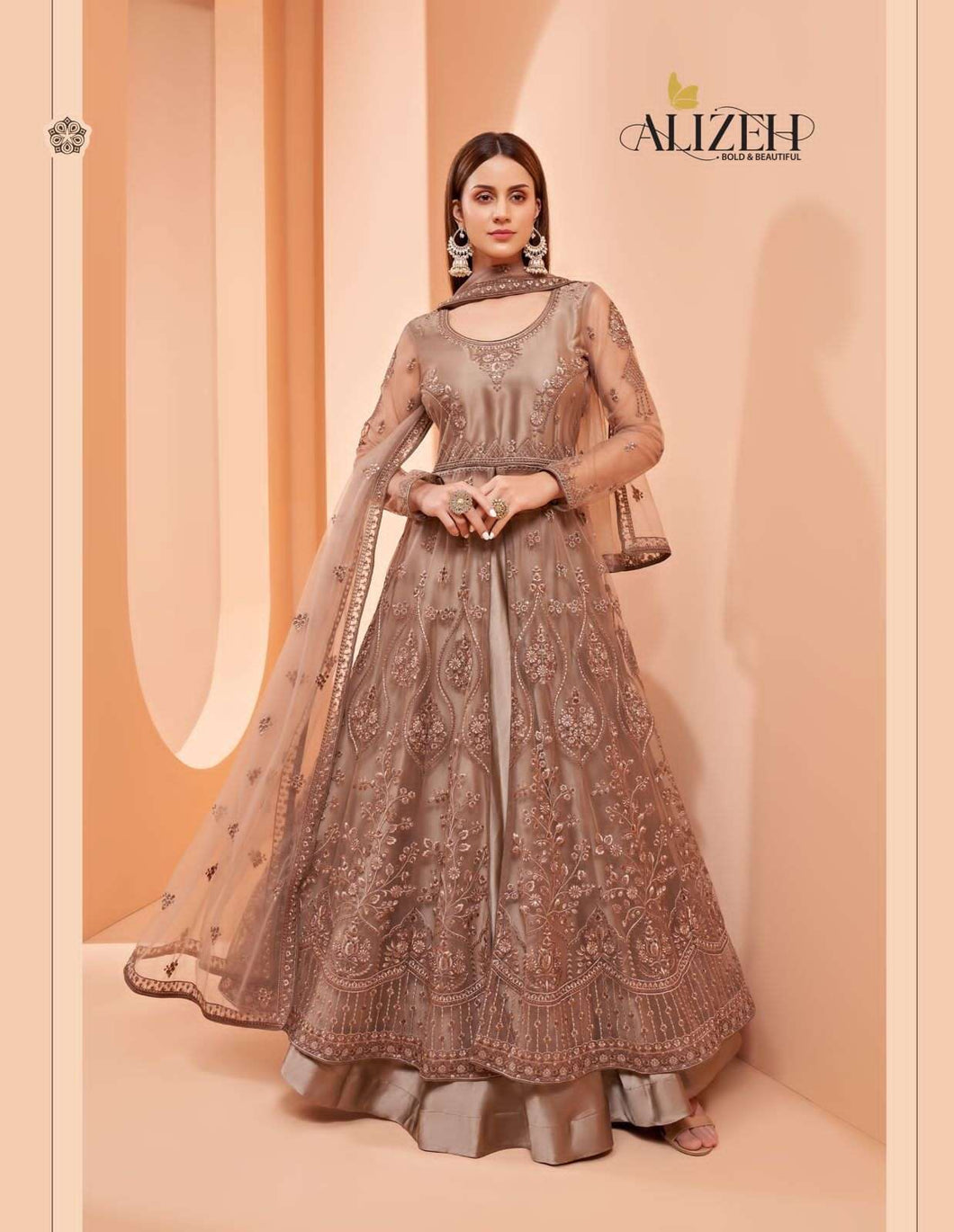 Buy Alizeh Gulbahaar Anarkali | 3008 Brown color Heavy Embroidered INDIAN ANARKALI Dresses UK. Get yourself customized ASIAN PARTY WEAR DRESSES UK. We have elegant collection of various brands such as Swagat Vipul Mohini Fashion at our online store. Get outfit in USA UK Austria from LEBAASONLINE only.