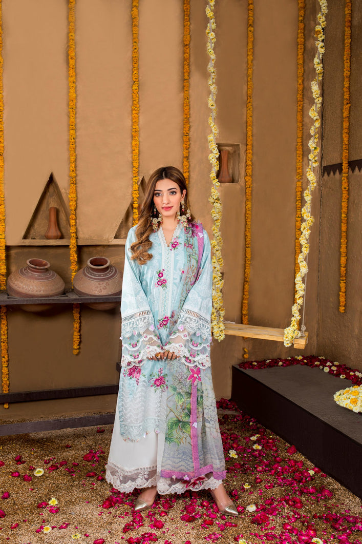 ANAYA by Kiran Chaudhry Lawn 2021 Viva Summer Collection Blue Dress buy New Pakistani Designer Suits by Anaya Collection Online in the UK & USA. Lebaasonline - the largest stockist of  Indian Pakistani designer clothes. Beautiful Pakistani Fashion 21 Eid Lawn clothing for WOMEN in UK, London, Oxford Slough & Reading!
