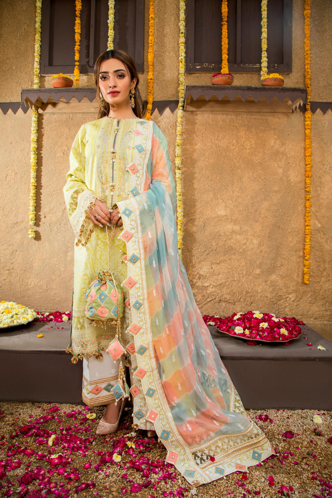 ANAYA by Kiran Chaudhry Lawn 2021 Viva Summer Collection Yellow Dress buy New Pakistani Designer Suits by Anaya Collection Online in the UK & USA. Lebaasonline the largest stockist of  Indian Pakistani designer clothes. Beautiful Pakistani Fashion 21 Eid Lawn clothing for WOMEN in UK, London, Oxford Slough & Reading