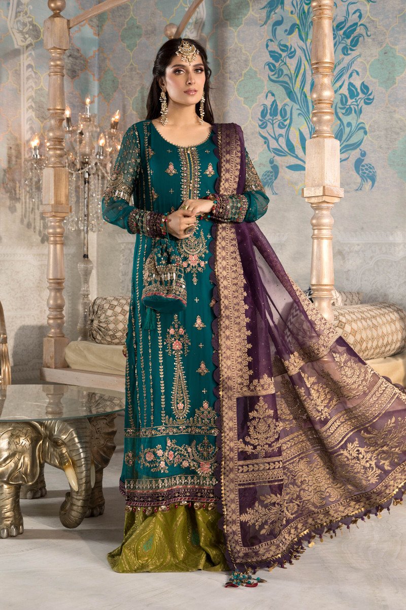 Buy Maria B Mbroidered Chiffon 2021 | BD-2202 Teal blue, Olive Green and Purple Chiffon Pakistani designer dresses in UK from our website We have all Pakistani designer clothes of Maria b Various Pakistani Bridal Dress Pakistani boutique dresses can be bought online from our website Lebaasonline in UK USA, America