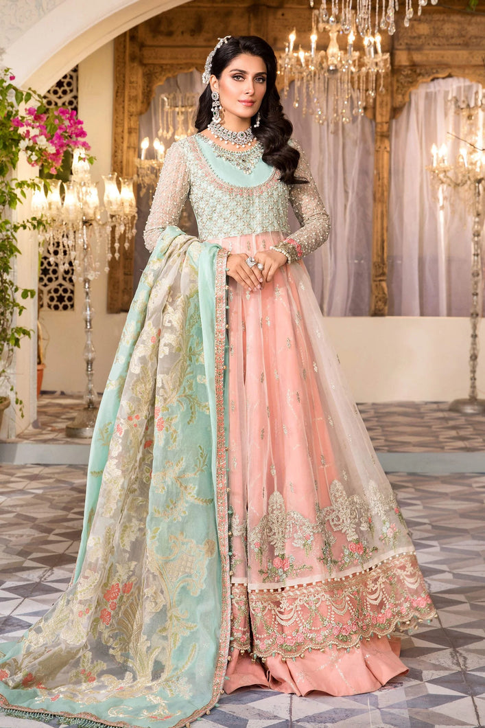 Buy Maria B Mbroidered Wedding 2022 | Pearl White, Peach and Aqua Chiffon Indian designer dresses online USA from our website We have all Pakistani designer clothes of Maria b Various Pakistani Bridal Dresses online UK Pakistani boutique dresses can be bought online from our website Lebaasonline in UK USA, America