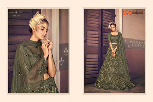 Buy Shubhkala Designer Bridal Net Lehenga Choli | 1704 Olive Green color. We have elegant collection of Indian Bridal dresses online UK and Party or Wedding wear of Indian designers like Maisha Viviana, Alizeh. Buy unstitched or even customized Anarkali Lehnga Indian Wedding Dresses online UK from Lebaasonline.co.uk