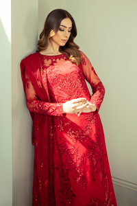 IMROZIA PREMIUM EMBROIDERY  I-132 Red Chiffon Eid outfit exclusively from us We are largest stockist of Imrozia Premium Chiffon collection Maria b and all other Pakistani designer clothes The fine embroidery and subtle color of the dress are great combinations for Eid outfits. Buy from Lebaasonline in UK Spain Austria