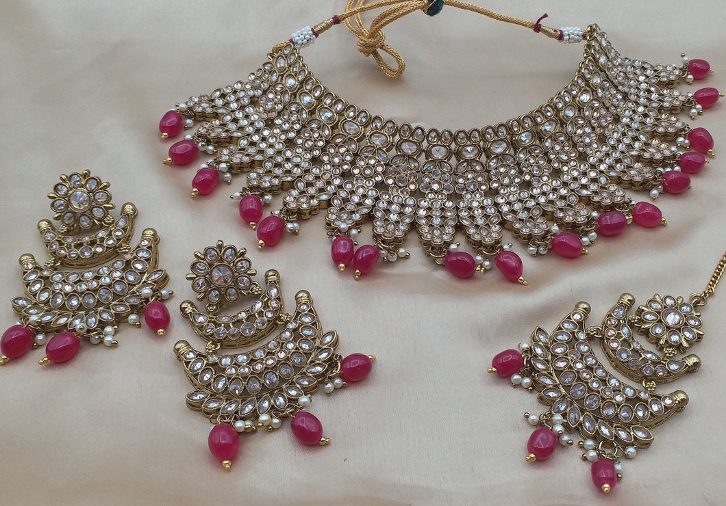 MEHNDI GOLD Bridal Jewellery Chocker set in red beads - LebaasOnline 