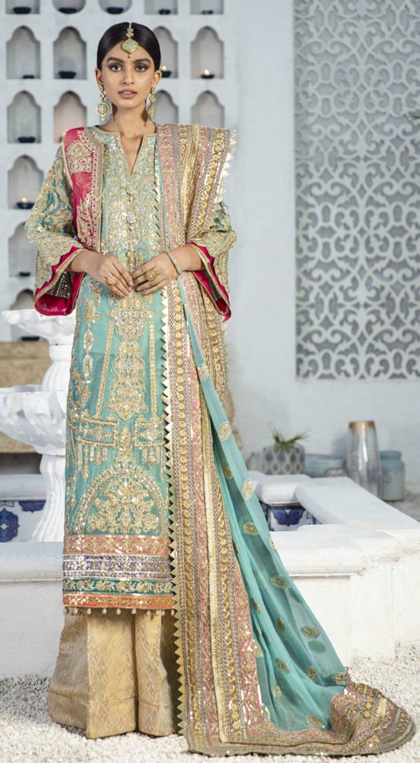 Buy Shamrock Maryum N Maria | SG-10 Pista Chiffon luxury collection from our website. We deal in all largest brands like Maria b, Shamrock Maryum N Maria Collection, Imrozia collection. This wedding season, flaunt yourself in beautiful Shamrock collection. Buy pakistani dresses in UK, USA, Manchester from Lebaasonline
