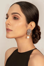 Load image into Gallery viewer, Rhodium plated earing in diamond cut zircons along with shalper pearl.. This jewelry is from Maria B Heritage Collection 2021 in the UK, USA and Australia. Lebaasonline are the largest stockist of Maria B Pakistani Jewelry, ring, jhoomar, Ranihaar necklace and earrings with gold and silver plating