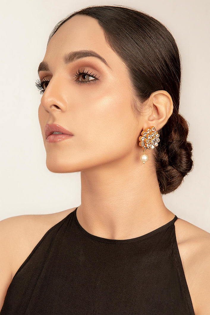 Gold plated layered zircons with dangling pearl.. This jewelry is from Maria B Heritage Collection 2021 in the UK, USA and Australia. Lebaasonline are the largest stockist of Maria B Pakistani Jewelry, ring, jhoomar, Ranihaar necklace and earrings with gold and silver plating