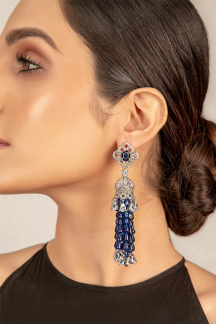 Livishly exaggerated high quality zircon setting, the earring piroi of real Blue beads This jewelry is from Maria B Heritage Collection 2021 in the UK, USA and Australia. Lebaasonline are the largest stockist of Maria B Pakistani Jewelry, ring, jhoomar, Ranihaar necklace and earrings with gold and silver plating