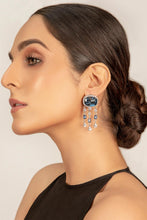 Load image into Gallery viewer, A palyful celebration of eveningwear with demin blue swarovski crystal, luxurious handset zircon This jewelry is from Maria B Heritage Collection 2021 in the UK, USA and Australia Lebaasonline are the largest stockist of Maria B Pakistani Jewelry, ring jhoomar Ranihaar necklace and earrings with gold and silver plating