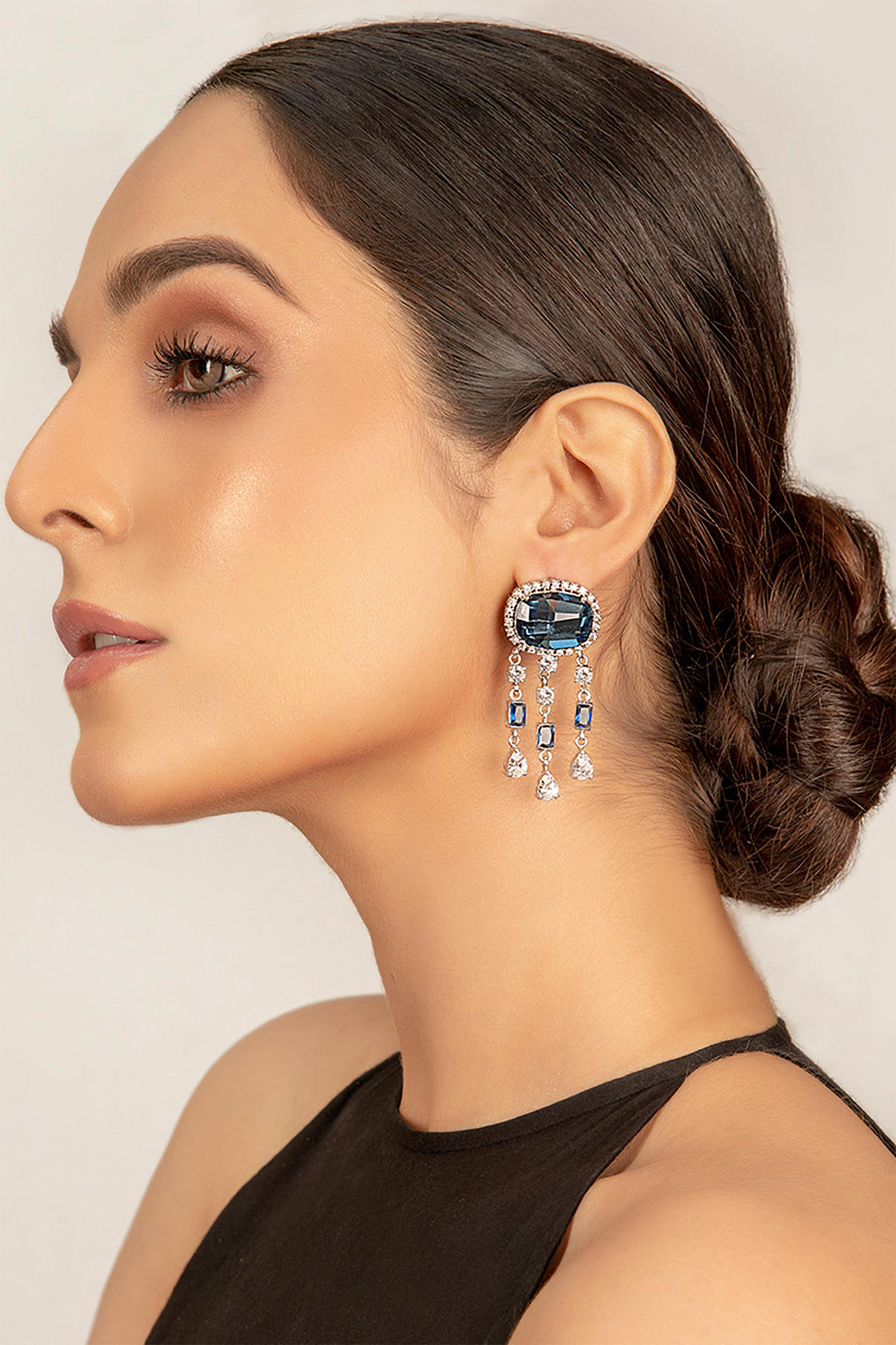 A palyful celebration of eveningwear with demin blue swarovski crystal, luxurious handset zircon This jewelry is from Maria B Heritage Collection 2021 in the UK, USA and Australia Lebaasonline are the largest stockist of Maria B Pakistani Jewelry, ring jhoomar Ranihaar necklace and earrings with gold and silver plating