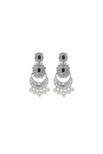 Load image into Gallery viewer, Rhodium plated chand baali handset studded zircon with shalper pearl, green gilson stone. This jewelery is from Maria B Heritage Collection 2021 in the UK, USA and Australia. Lebaasonline are the largest stockist of Maria B Pakistani Jewelery, ring, jhoomar, Ranihaar, necklace and earrings with gold and silver plating