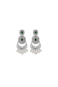 Rhodium plated chand baali handset studded zircon with shalper pearl, green gilson stone. This jewelery is from Maria B Heritage Collection 2021 in the UK, USA and Australia. Lebaasonline are the largest stockist of Maria B Pakistani Jewelery, ring, jhoomar, Ranihaar, necklace and earrings with gold and silver plating
