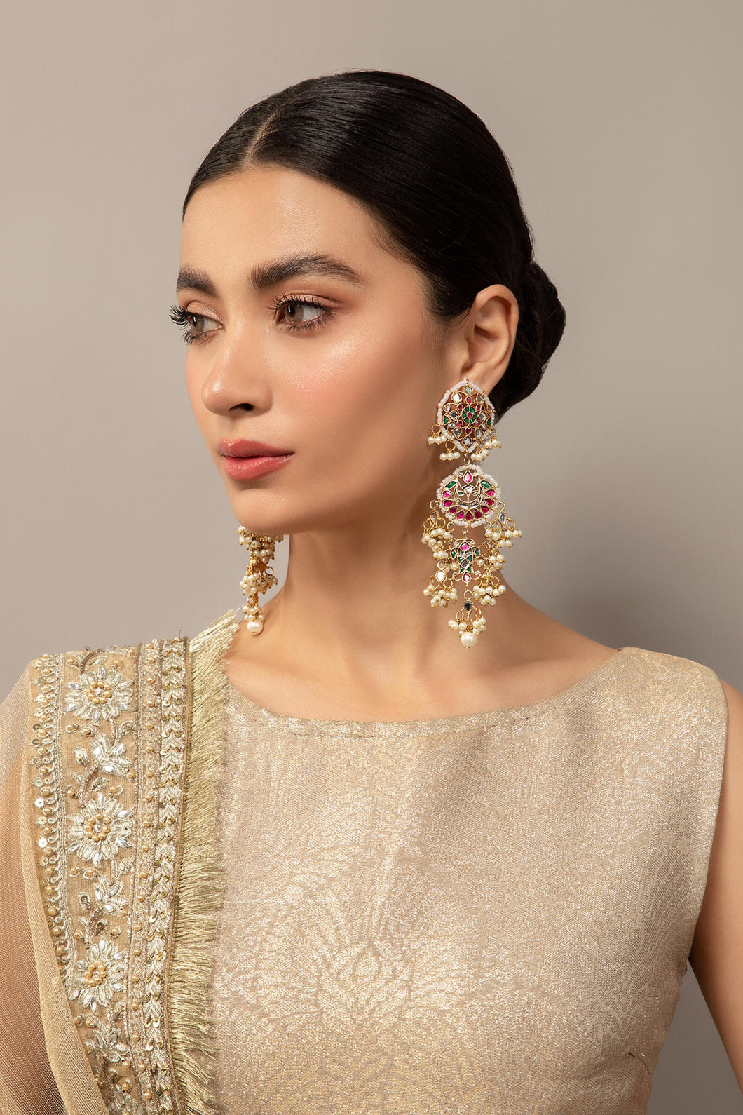 Buy Maria B Jewelry | Heritage Jewelry | JER-030 Red Chatham and Gold Lavishly exaggerated high quality Zircon fine earring This jewelry is from Maria B Heritage Collection 2022 in the UK USA and Australia. We are the largest stockist of Maria B Pakistani Jewelry, Ring Jhoomar Ranihaar necklace and earrings.