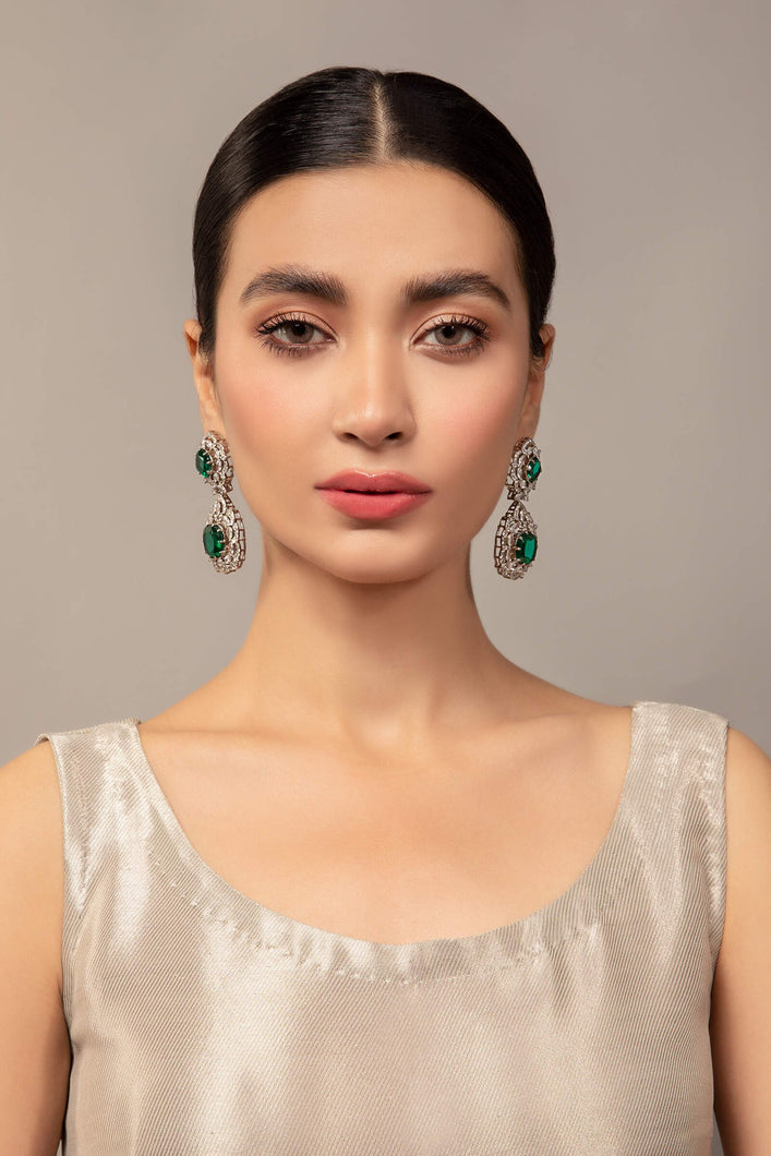 Buy Maria B Jewelry | Zircon Fine Jewelry | JER-033 Green Tourmaline Lavishly exaggerated high quality Zircon fine earring. This jewelry is from Maria B Heritage Collection 2022 in the UK, USA and Australia. We are the largest stockist of Maria B Pakistani Jewelry, ring, jhoomar, Ranihaar necklace and earrings.