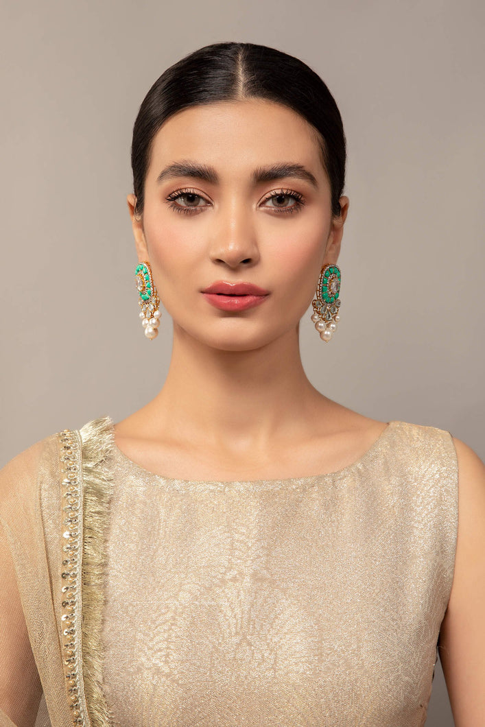 Livishly exaggerated high quality zircon fine earring of jade green and turquoise stones. This jewelry is from Maria B Heritage Collection 2022 in the UK, USA and Australia. Lebaasonline are the largest stockist of Maria B Pakistani Jewelry, ring, jhoomar, Ranihaar necklace and earrings with gold and silver plating